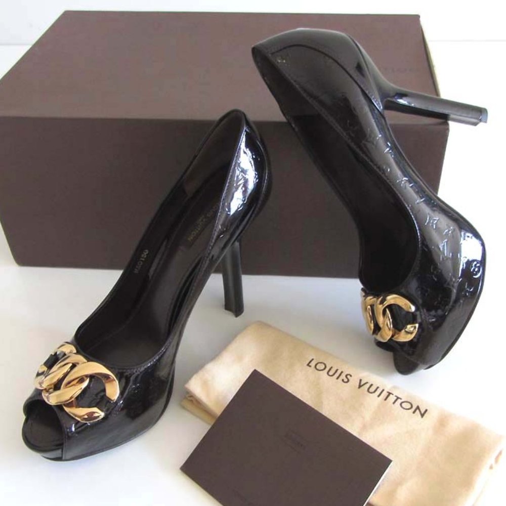 new LOUIS VUITTON Monogram Vernis chain peep toe pumps 8.5 US 38.5 - Picture 1 of 13